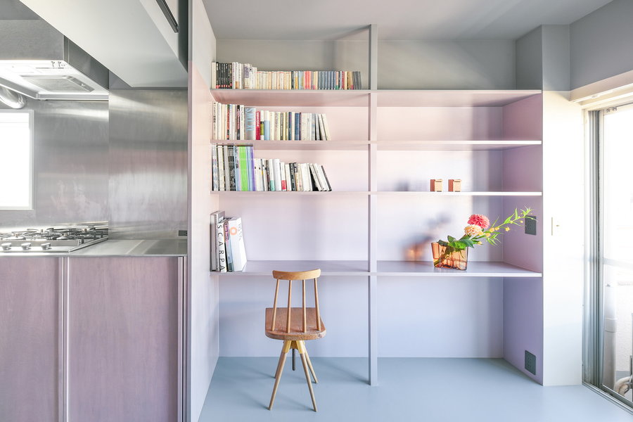 Cozy shelving/workspace inside Tokyo's tiny 404 Apartment.