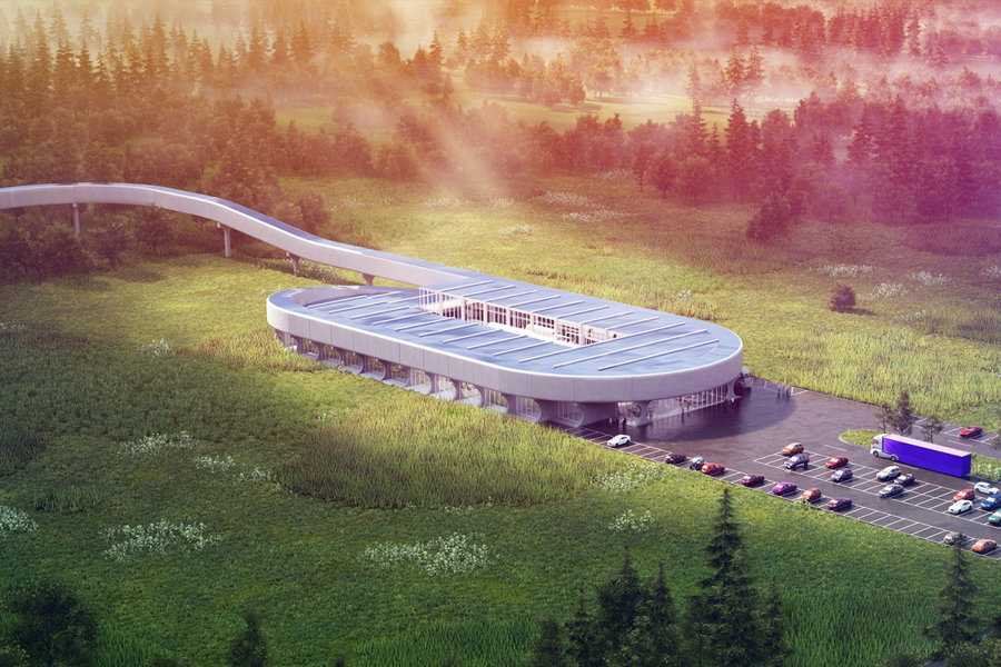Renderings for a proposed Virgin Hyperloop testing center in West Virginia.