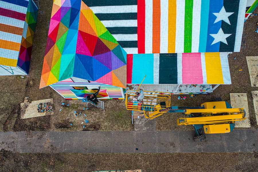 Aerial view of the Rainbow Embassy's pattern-filled roof