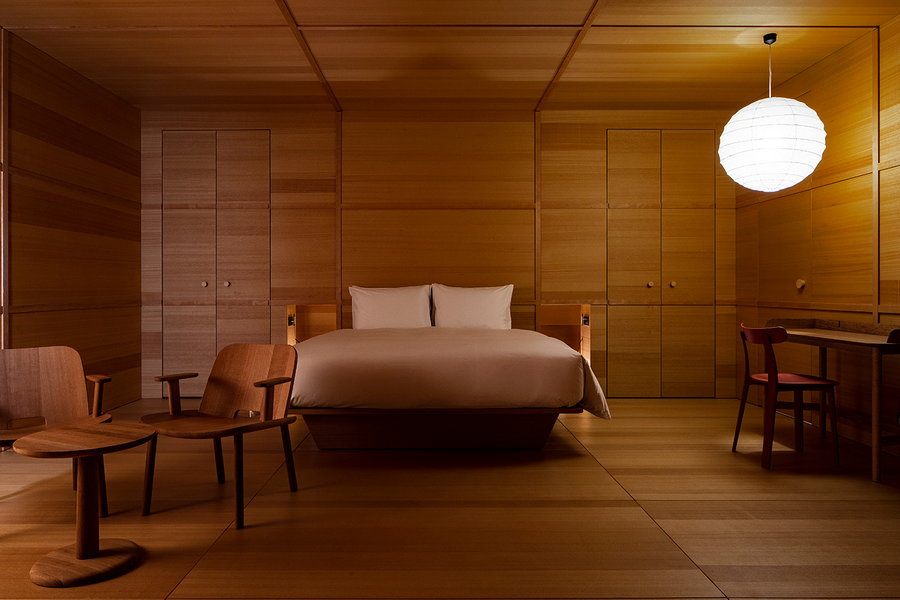Stylish modern guest room in the Sou Fujimoto-renovated Shiroiya Hotel