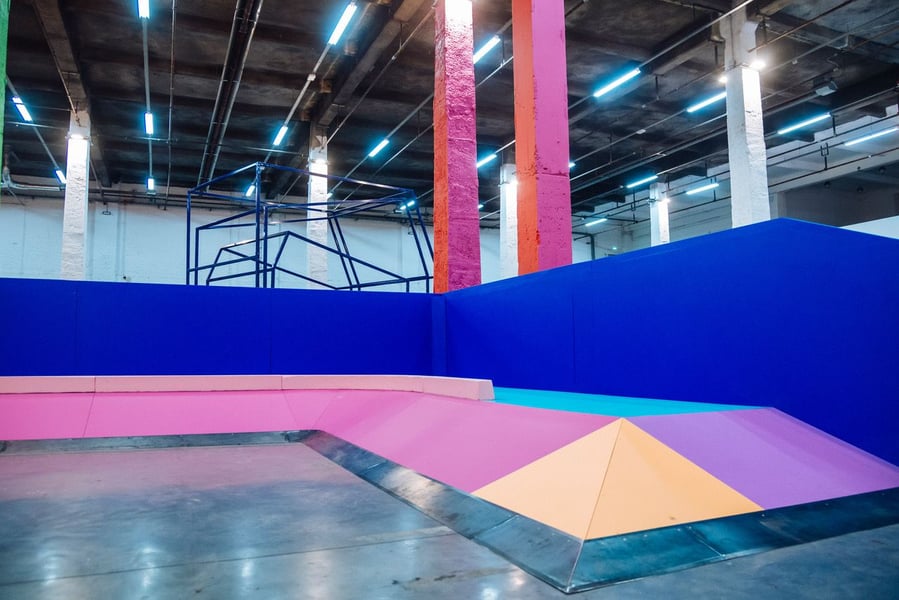 The brightly-colored interiors of the Yinka Ilori-designed Colorama Skatepark inspire fun and collaboration. 