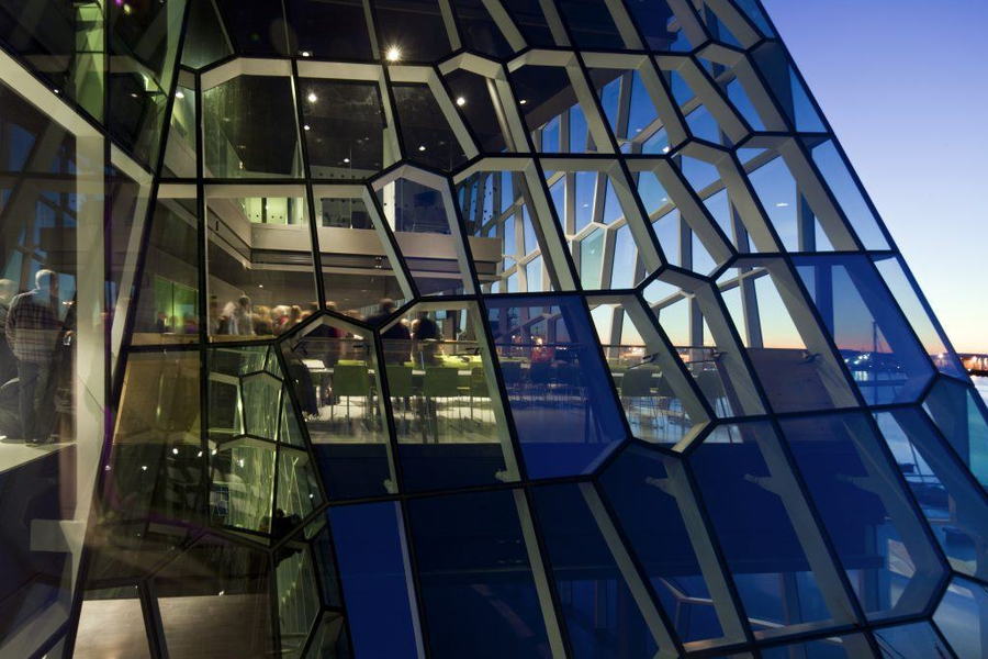 Close-up of the Harpa Concert Hall's glass facade 