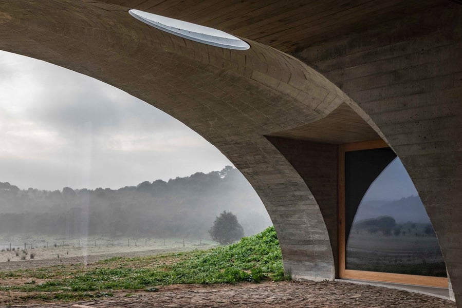 Underneath the home's grassy ceiling hides a striking minimalist dome, with an interior courtyard nestled just within. 