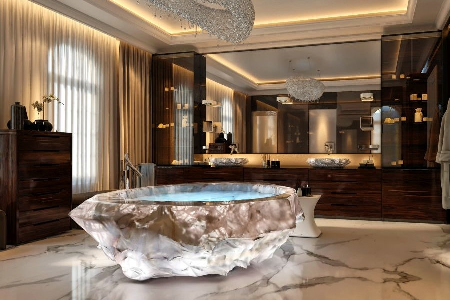 Luxurious crystal bathtub in an extravagant master bathroom area.