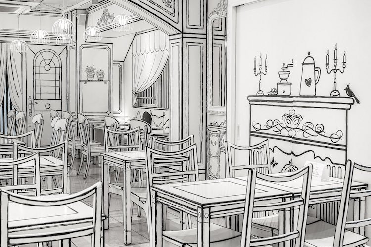 Inside a fun black-and-white 2D café in Japan.