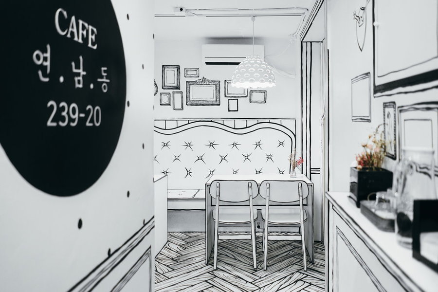 Inside Café Yeonnam-dong 239-20, the original black-and-white 2D café in South Korea.