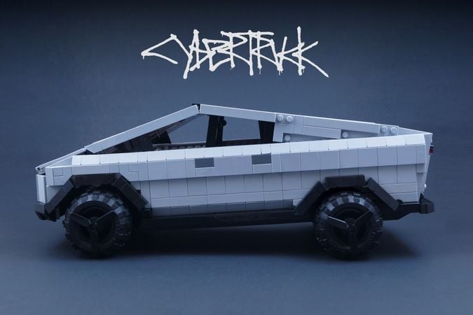 A fan-made LEGO version of the Tesla Cybertruck, complete with moving parts.
