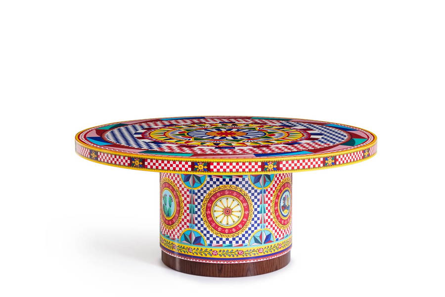 Colorful maximalist coffee table featured in Dolce & Gabbana's 