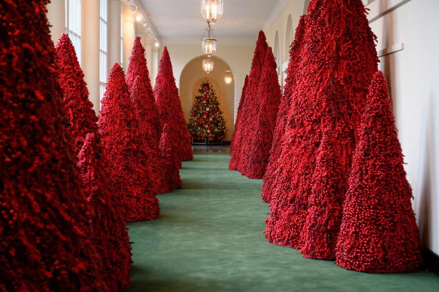 The infamous blood red Christmas trees featured in the 2018 White House Christmas Decor
