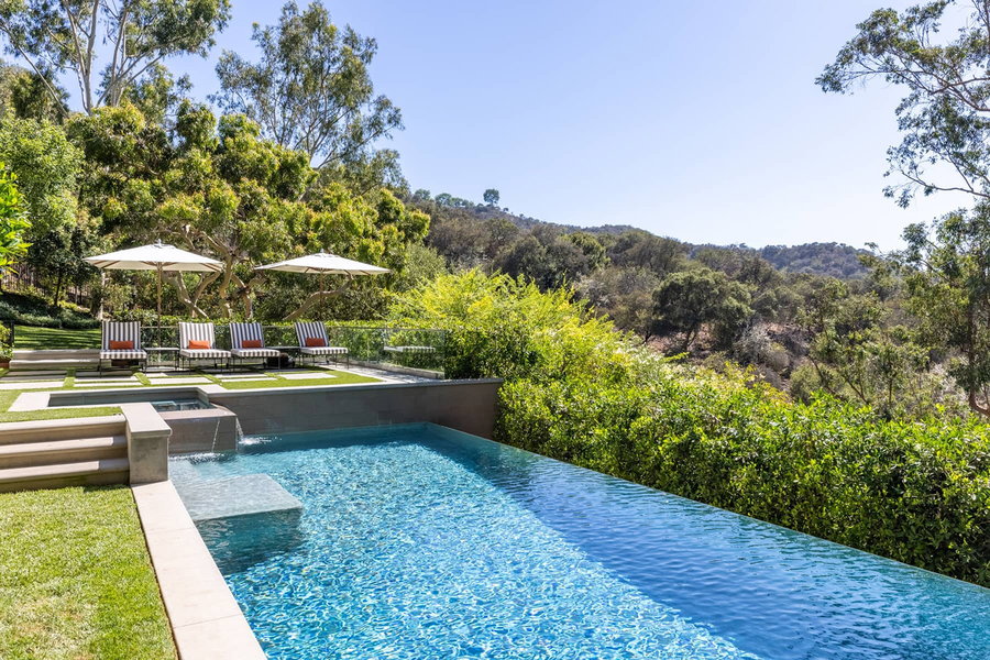 Gorgeous infinity pool and spa outside Katy Perry's on-sale Beverly Hills home.