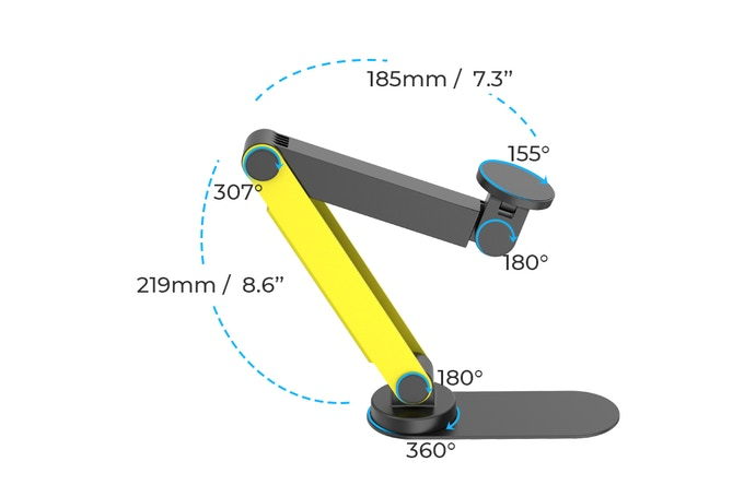 Graphic shows how different parts of the iSwift Roboarm can rotate at different angles.