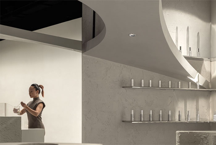 Cold, minimalist interiors inside Formoral skin care center remind one of an alien lab.