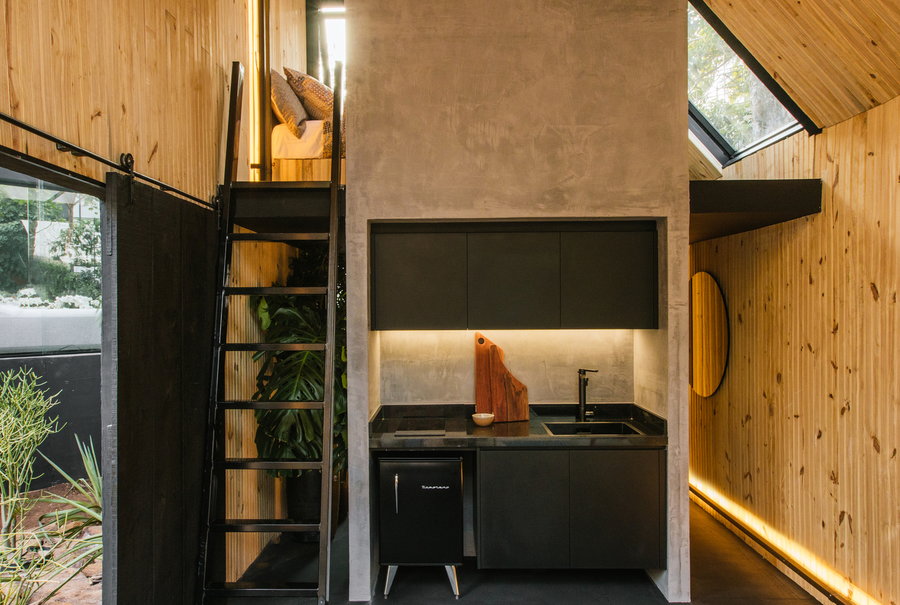 Simple but effective kitchen space inside the modular Cabana tiny home. 