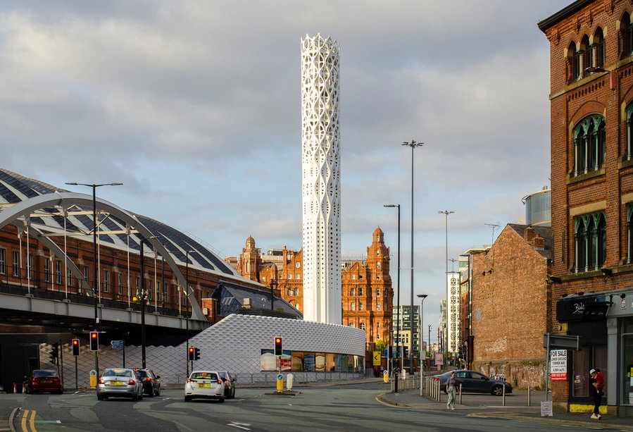 Full view of the Tonkin Liu-designed Tower of Light in Manchester, England.
