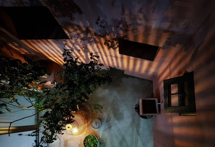 Aerial view of one of the Red Roof's many interior courtyard spaces.