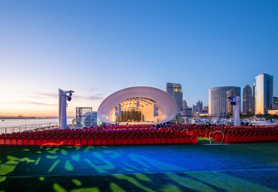 Exterior view of the Tucker Sadler-designed Rady Shell Concert Hall in San Diego's Jacobs Park.