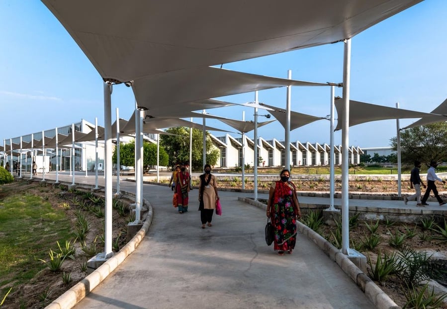 Walkways at the Secure Sanand Electronics Manufacturing Factory keep visitors shielded from the sun.