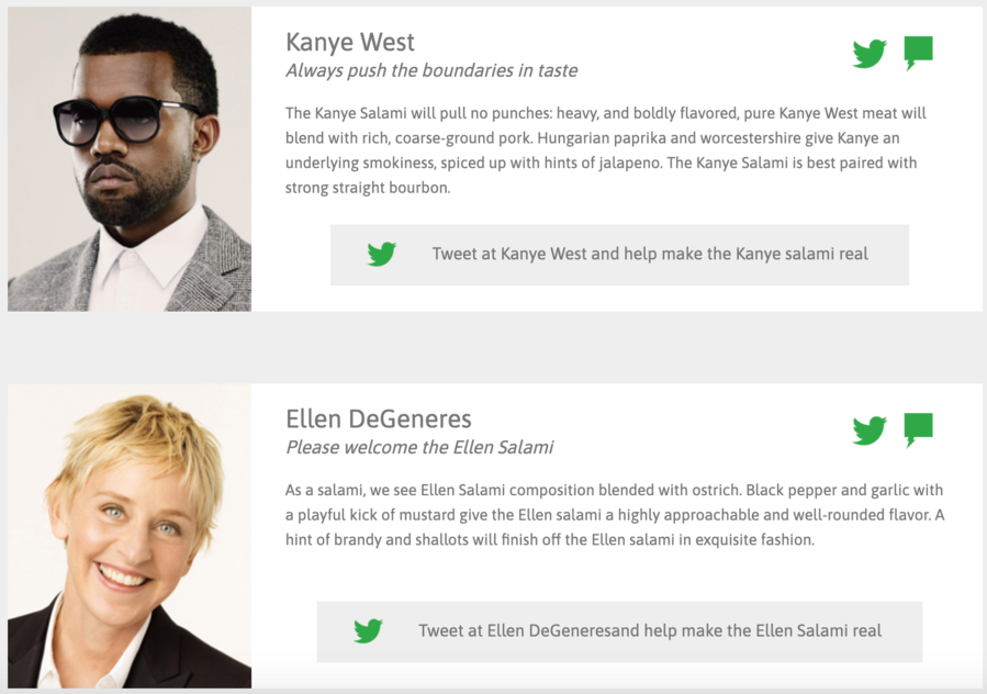Flavor descriptions for BiteLabs currently-fictitious Kanye West and Ellen Degeneres salamis.  