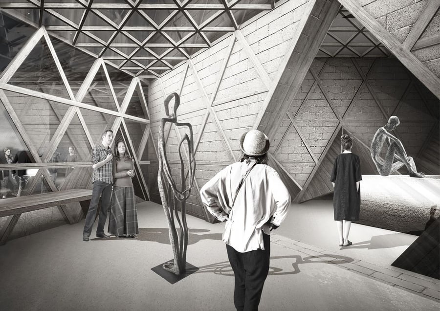 Visitors admire contemporary art in a gallery space inside the noa*-designed CeCuCo.