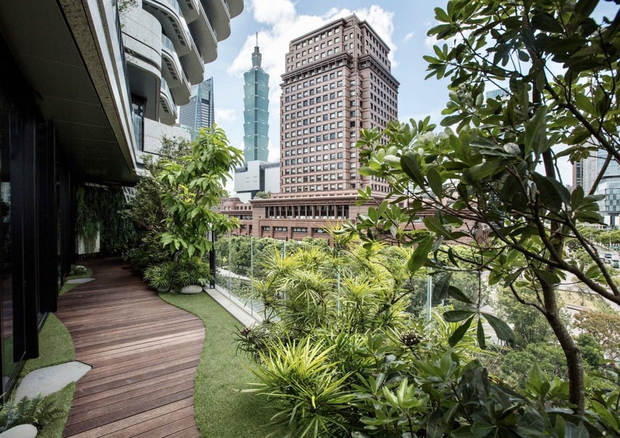 View out at the surrounding cityscape from one of the Agora Garden Tower's many expansive green terraces.