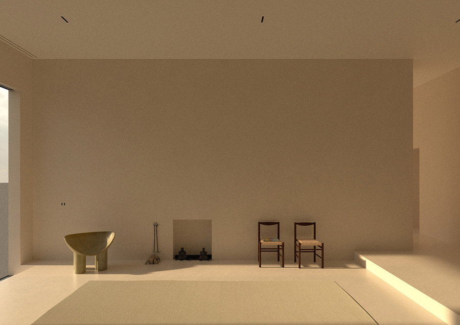 Computer-generated image of Maison's bare-bones living area.