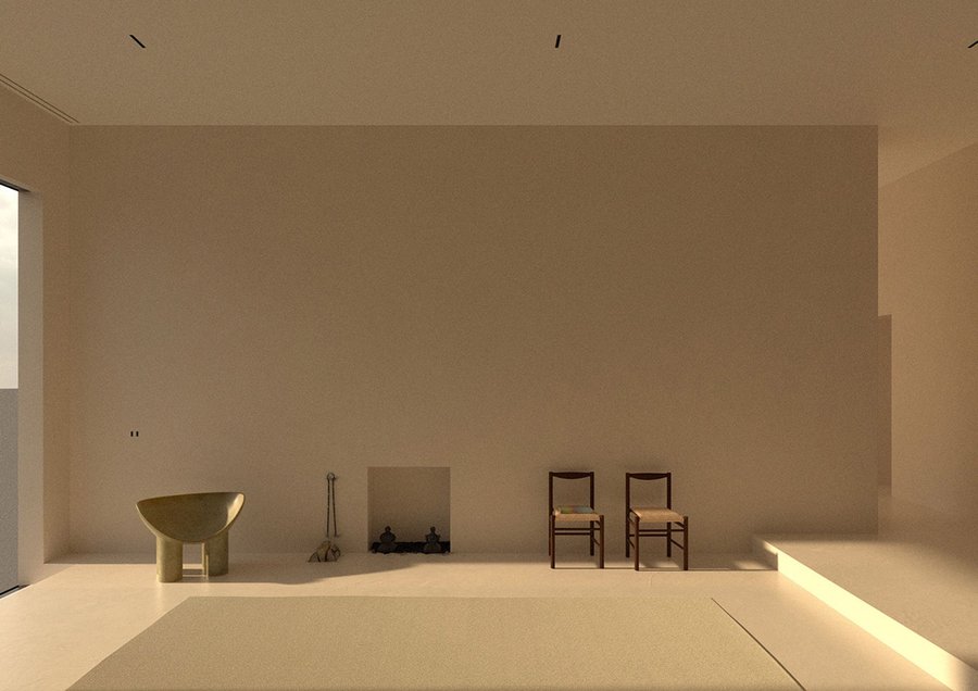 Computer-generated image of Maison's bare-bones living area.