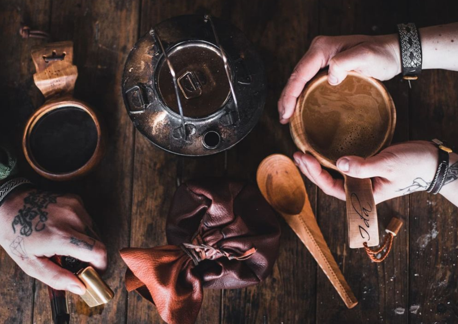 Hand-carved spoons and cups give off a rugged Friluftsliv feel.