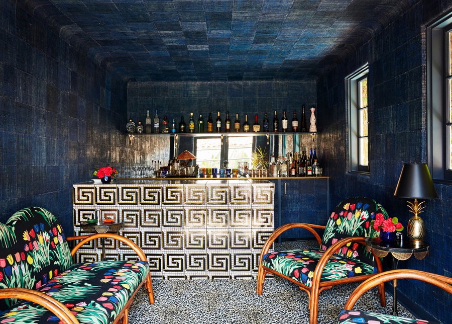 Bold tiled bar area inside film producer Grace Morton's eclectic Spanish Style LA home. 