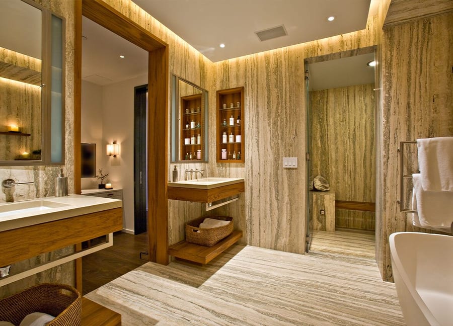 Lavish modern bathroom inside the Jeffrey Beers-renovated apartment at 15 Central Park West.
