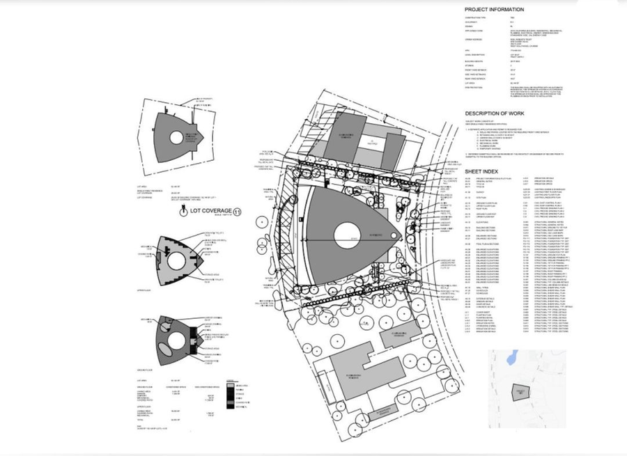 Overhead plot for Kim Kardashian's futuristic Tadao Ando-designed mansion in Palm Springs. 