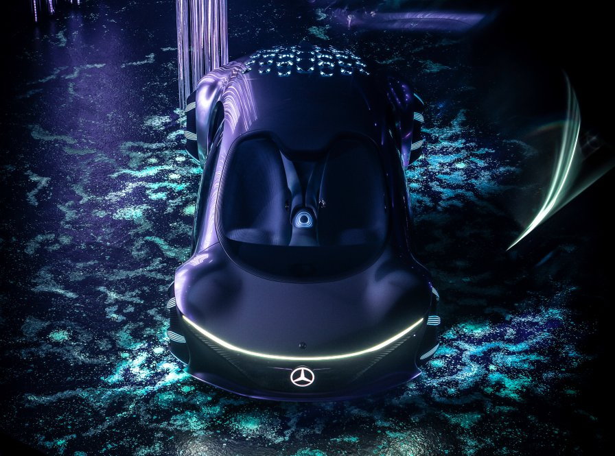 Top view of the ultra-futuristic Mercedes-Benz VISION AVTR concept car.