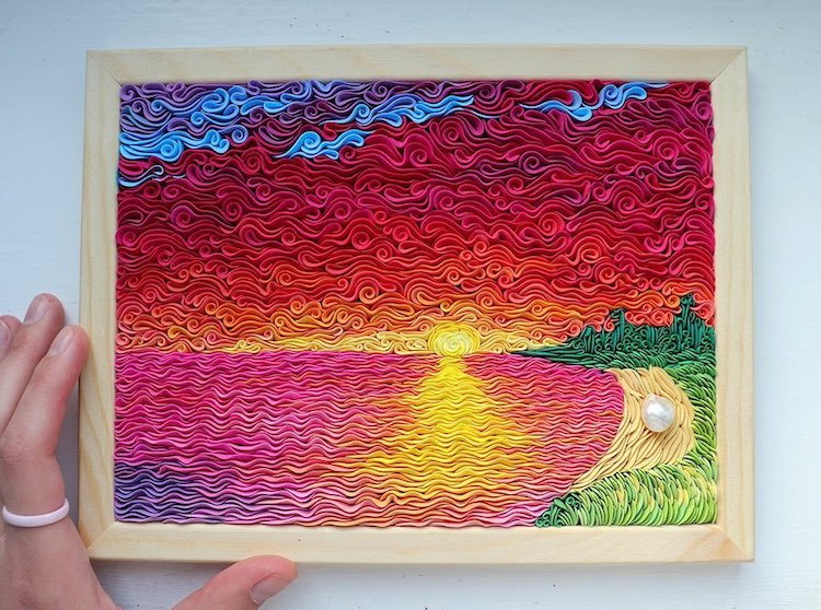 Stunning air-dry clay modeled sunset painting by artist Alisa Lariushkina. 