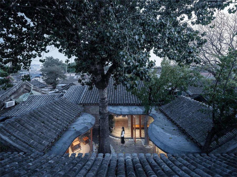 An aerial view of the Qishe Courtyard's central courtyard.