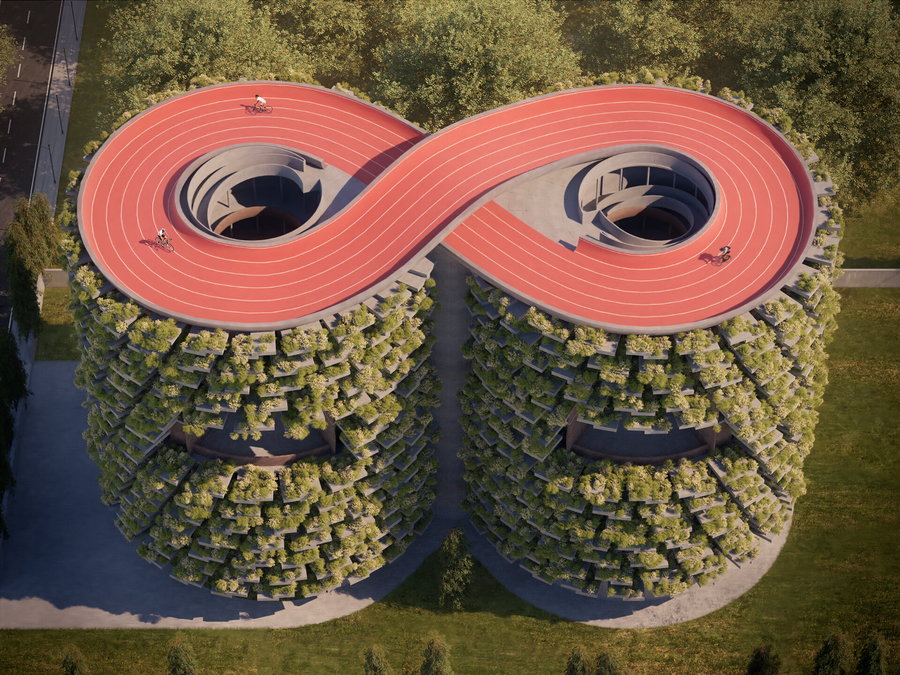 When complete, NUDES' Forest School will consist of two verdant towers topped by a cycling track in the shape of the infinity symbol.