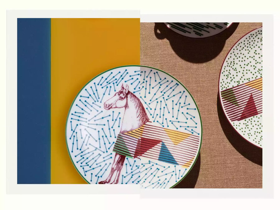 Graphic plates featured in Hermès 2021 Milan Design Week display. 
