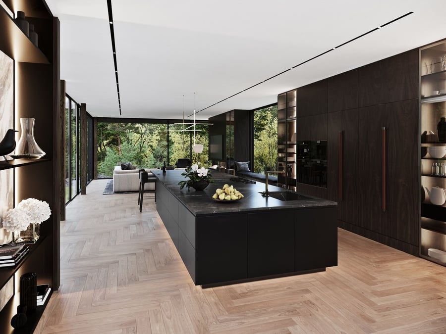 The ultramodern kitchen/dining area inside the Aston Martin-designed Sylvan Rock home in upstate New York.