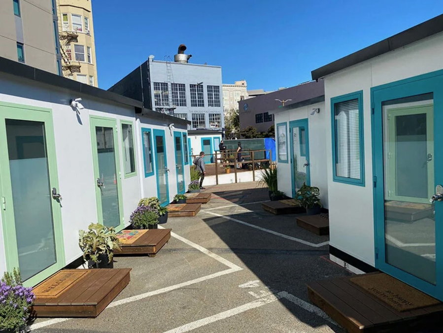 View inside DignityMoves' Tiny Home Village for the Homeless in San Francisco, CA.