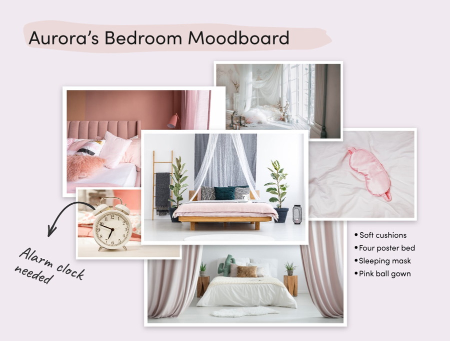 Moodboard the money.co.uk team used to assemble the perfect pieces for Princess Aurora's (Sleeping Beauty) fantasy bedroom.