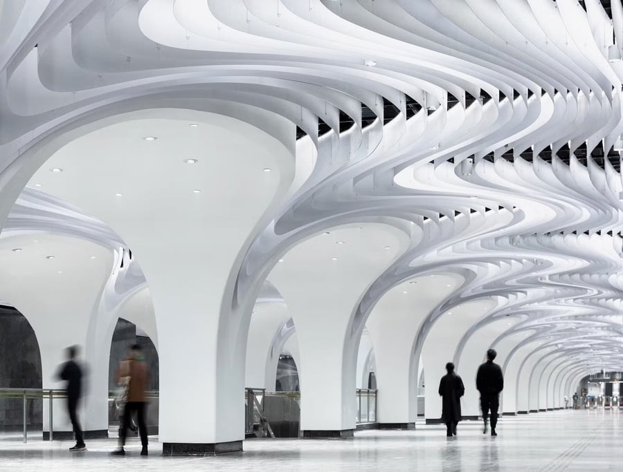 Renovated Yuyuan Station ceilings by XING Design emit a bright white light. 