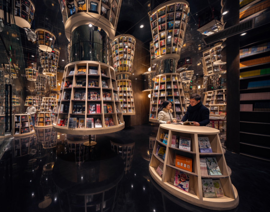 Other areas of the Zhongshuge Chongqing store allow patrons to browse books on fun lantern-shaped shelves.