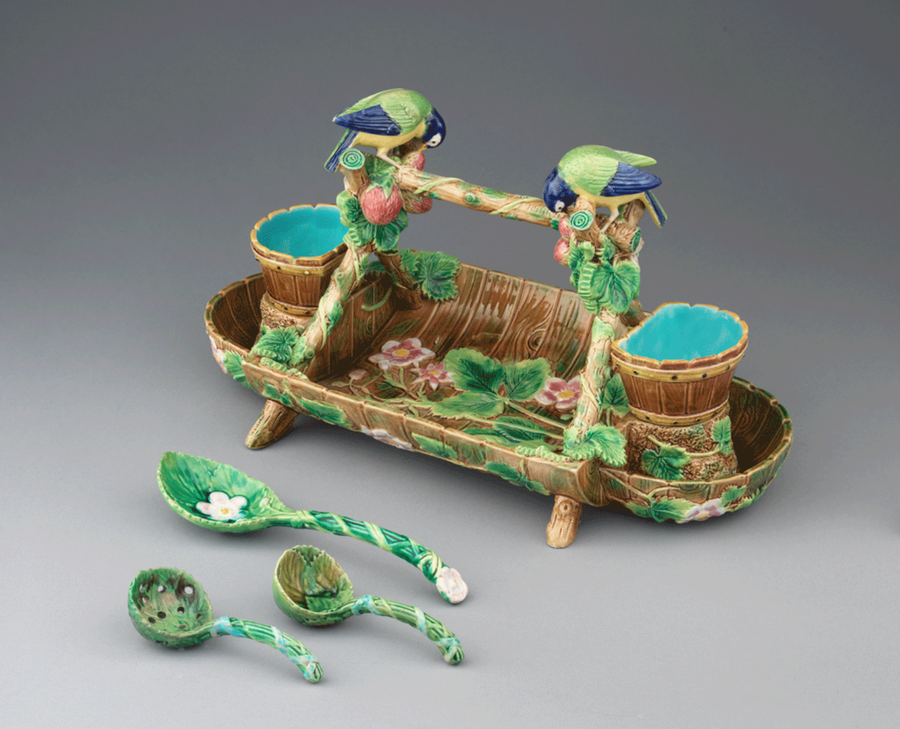 Quaint, colorful bird-themed majolica pottery featured in Dr. Susan Weber's 