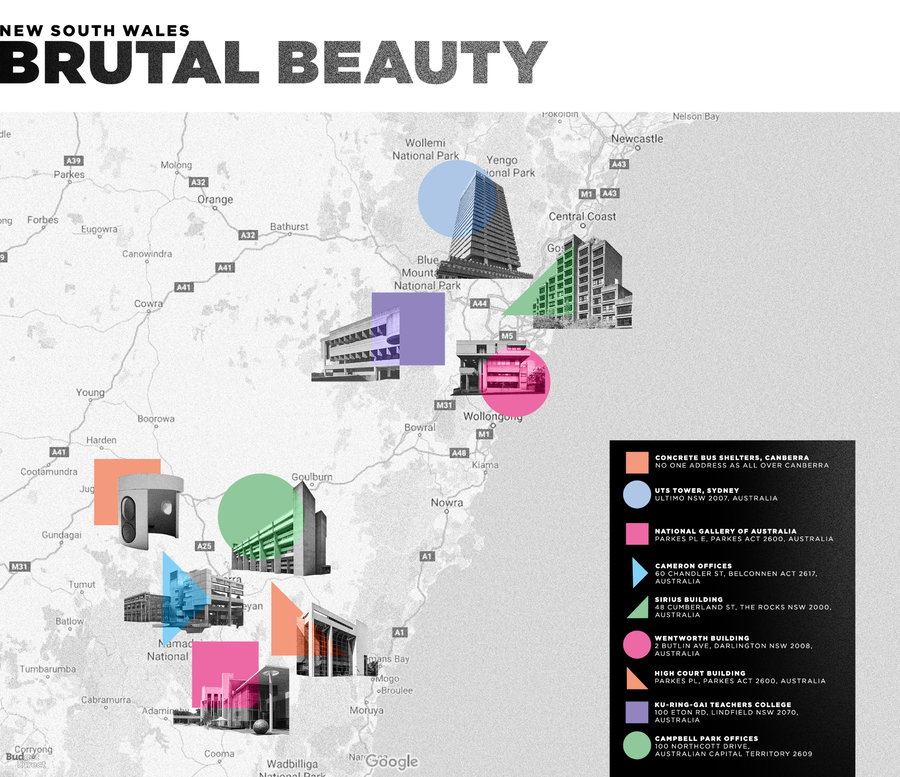 Map shows all the buildings from Australia's New South Wales region featured in Budget Direct Travel Insurance's tribute to Aussie Brutalism.