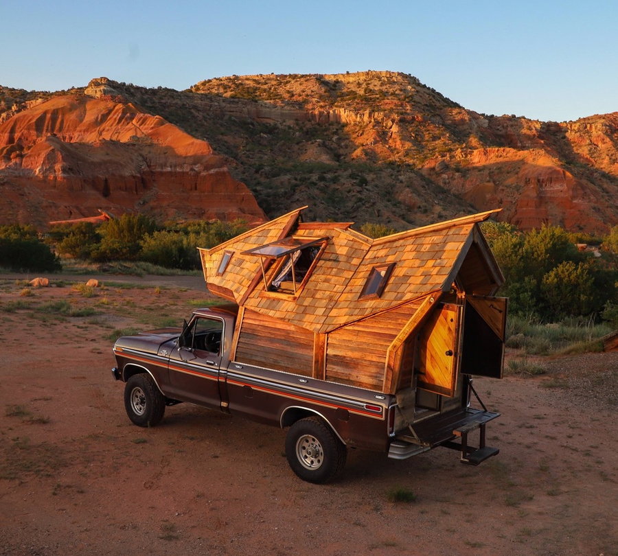 Small experimental cabin built into the bed of a truck by couple Jacob Witzling and Sara Underwood.