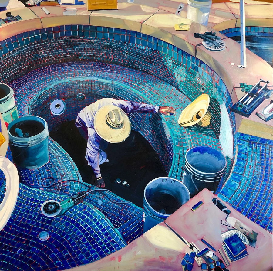 Painting of a worker building a luxury hot tub, as featured in Rex Southwick's ongoing 