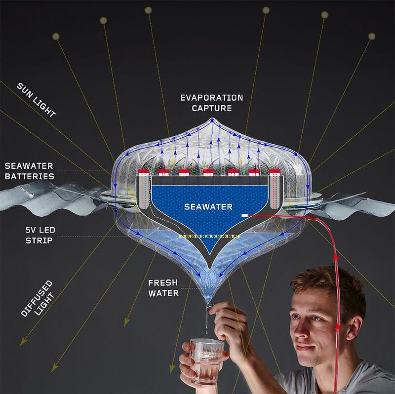 Graphic illustrates how Henry Glogau's skylight uses solar technology to purify water.
