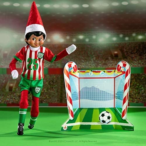 Elf on the Shelf poses with Amazon's North Pole Goal and Gear soccer accessory kit.