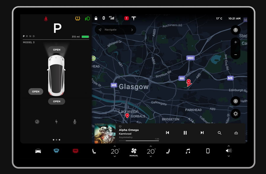 Built-in Tesla display shows GPS and car information.