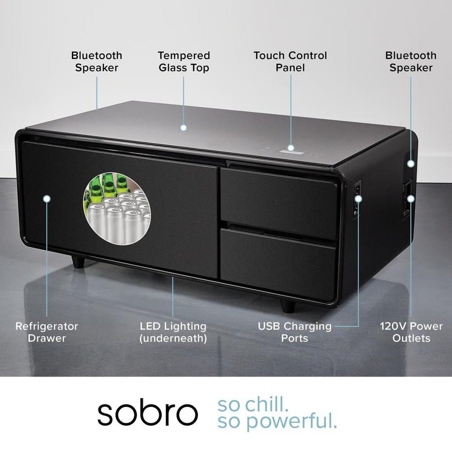 Graphic breaks down all the Sobro coffee table's smart features.