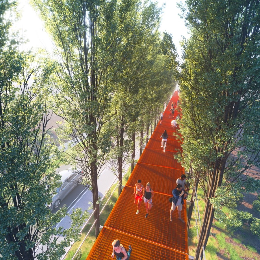 Pedestrians walk along the CRA-designed Tree Path in rural Italy.