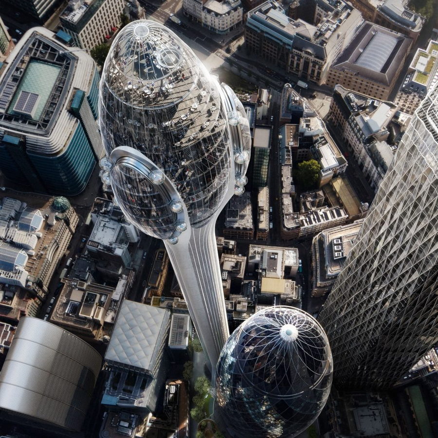 Aerial view of the Foster + Partners-designed Tulip Tower in London's financial district.